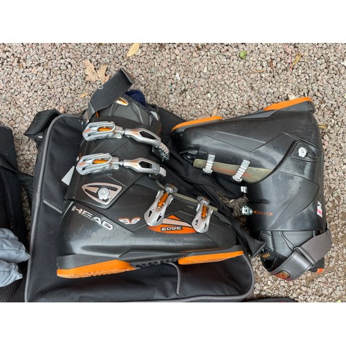 253 - SKIS, POLES, HEAD SKI BOOTS SIZE 9 IN CARRY BAG, HELMET, SKI OUTFIT, ALL IN NYLON BAGS