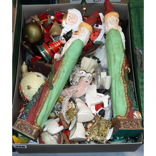 309 - CARTON OF VARIOUS CHRISTMAS BAUBLES AND DECORATION, AND BOX OF PRISM CUT LUSTRE DROPPERS