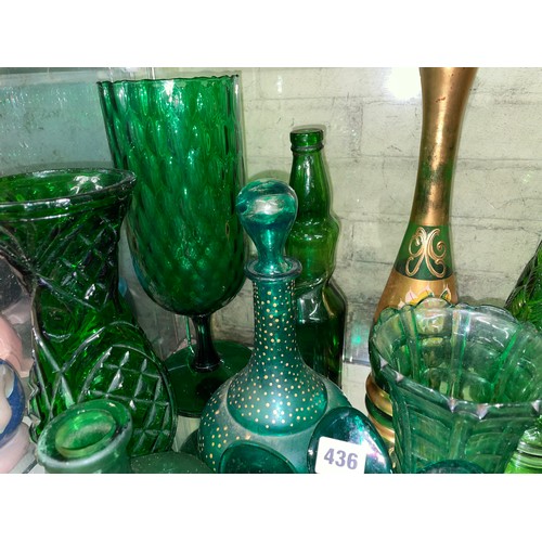 436 - SHELF OF PRESSED GREEN GLASSWARE VASES, BOTTLES, CANDLE HOLDERS