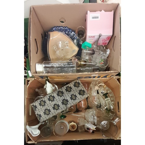 316 - TWO BOXES OF VARIOUS CUT GLASSWARE, DRINKING GLASSES, ATOMISER, BOWLS, ETC