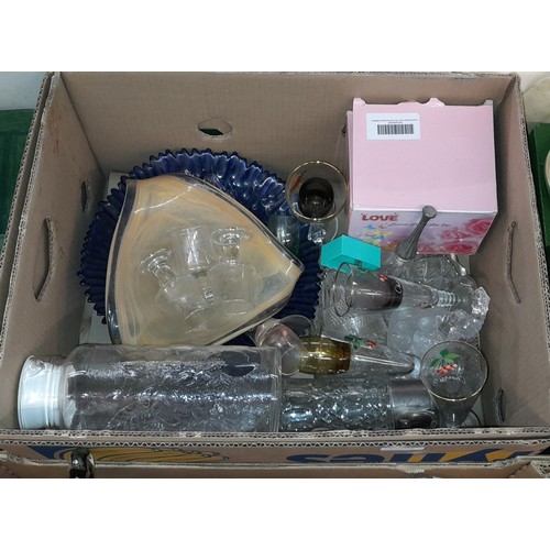 316 - TWO BOXES OF VARIOUS CUT GLASSWARE, DRINKING GLASSES, ATOMISER, BOWLS, ETC