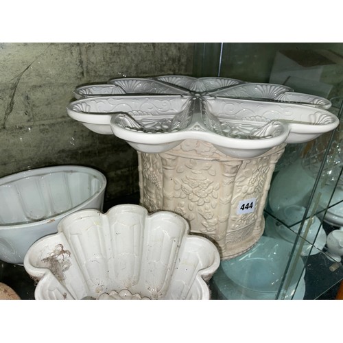 444 - CREAMWARE RELIEF PLANTER, POTTERY JELLY MOULDS