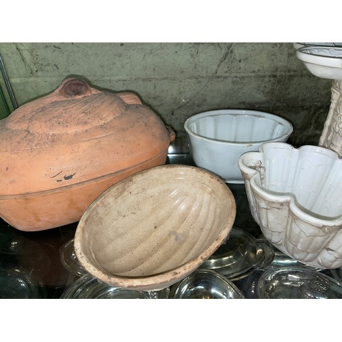 444 - CREAMWARE RELIEF PLANTER, POTTERY JELLY MOULDS