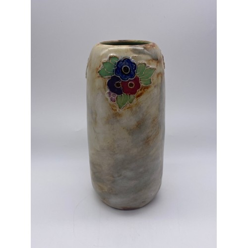 676 - ROYAL DOULTON STONEWARE CYLINDRICAL FLORAL VASE WITH INSCRIBED PRESENTATION DEDICATION TO THE BASE 1... 