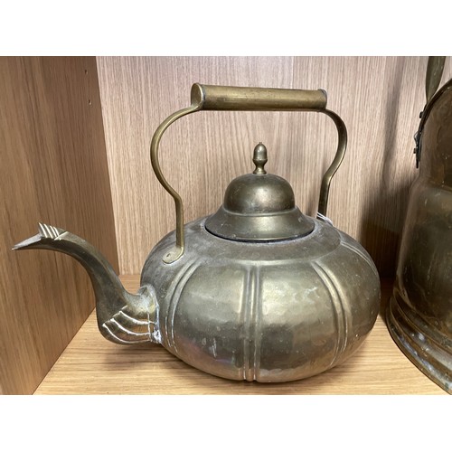 398 - BRASS COAL HELMET AND COPPER KETTLE