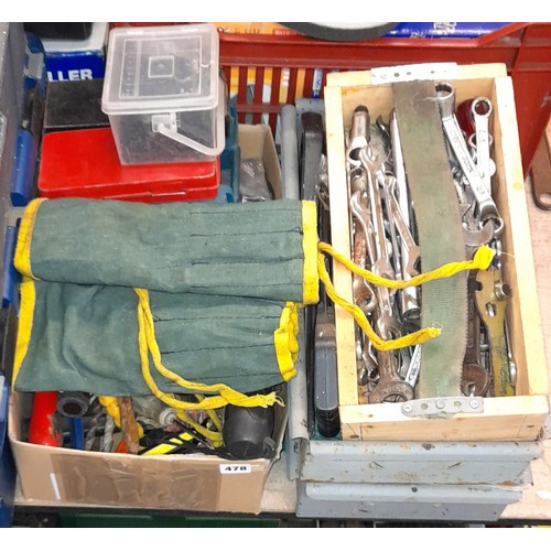 478 - TWO BOXES OF VARIOUS HAND TOOLS, IRON MONGERY AND WOODEN BOX OF WRAPS OF DOUBLE ENDED SPANNERS