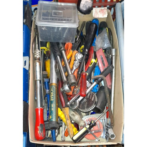 478 - TWO BOXES OF VARIOUS HAND TOOLS, IRON MONGERY AND WOODEN BOX OF WRAPS OF DOUBLE ENDED SPANNERS