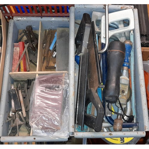 478 - TWO BOXES OF VARIOUS HAND TOOLS, IRON MONGERY AND WOODEN BOX OF WRAPS OF DOUBLE ENDED SPANNERS