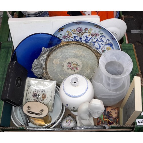 493 - CARTON - POOLE POTTERY BOWL, DEVOTION SCULPTURE, DRESSING TABLE TRAYS, TIME PIECE, AUTOGRAPH PEN SET