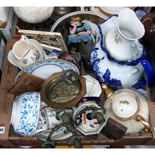 490 - BLUE AND WHITE WASH BASIN JUG, 19TH CENTURY TILES, PEWTER BEAKER, SUNDRY CERAMICS, CANDELARBRUM