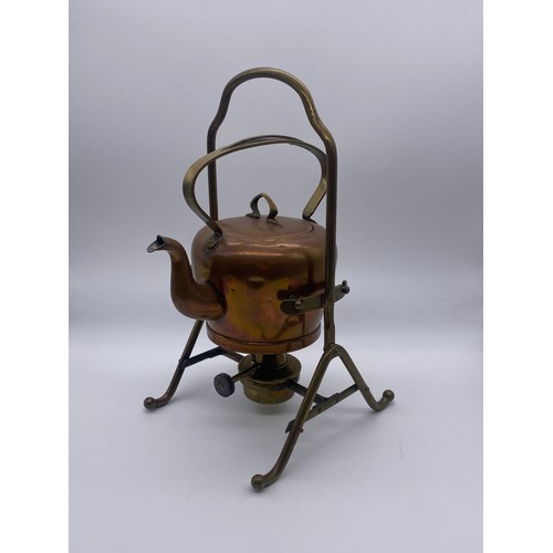 502 - GBN ARTS AND CRAFTS COPPER AND BRASS SPIRIT KETTLE ON STAND