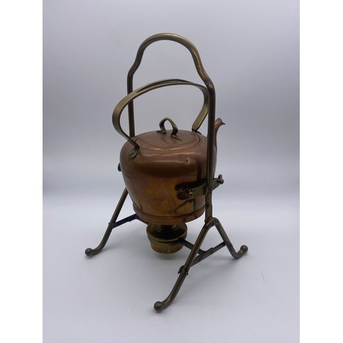 502 - GBN ARTS AND CRAFTS COPPER AND BRASS SPIRIT KETTLE ON STAND