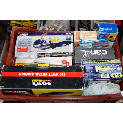 481 - CRATE OF VARIOUS TOOLS, SOLDERING SET, SANDER, CAR POLISHER, JUMP STARTER