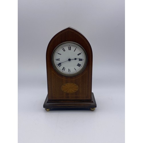 500 - EDWARDIAN MAHOGANY LANCET CASED MANTLE TIME PIECE