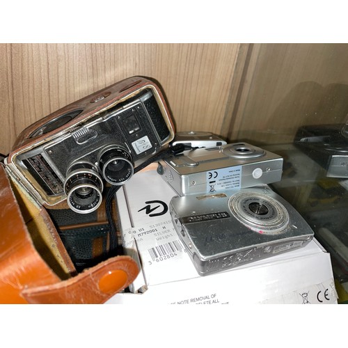 342 - SHELF CONTAINING PALLIARD CINE CAMERA, 35MM CAMERA, OLYMPUS POCKET CAMERAS AND RELATED ITEMS