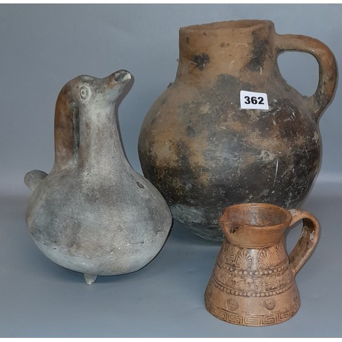 362 - MEXICAN POTTERY BIRD WATER VESSEL, POTTERY VASE AND ONE OTHER