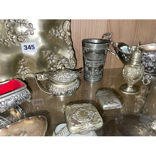 345 - SHELF OF PLATED VESTA CASES, CONDIMENTS, CAKE BASKET