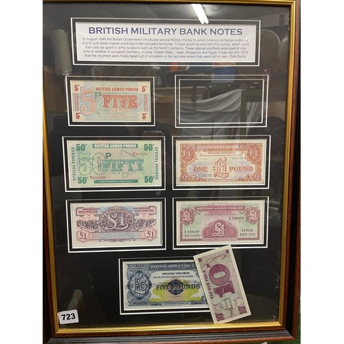 723 - COLLAGE OF THE BRITISH MILITARY BANK NOTES FRAMED AND GLAZED