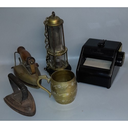 361 - CORBY TIE PRESS, BRASS TANKARD, ELECTRIFIED MINERS LAMP AND VINTAGE IRONS