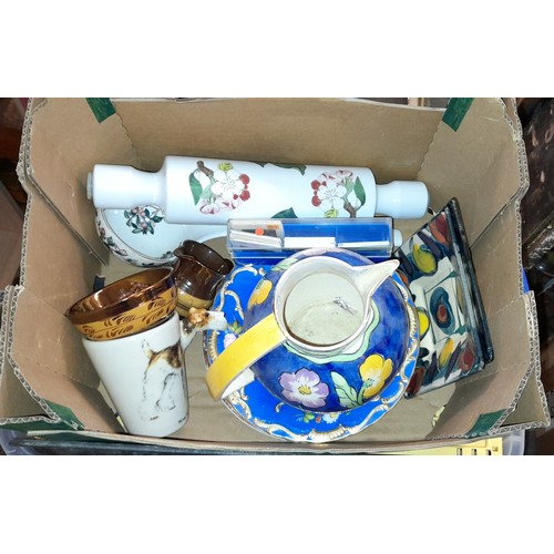 494 - CARTON - BOTANICAL GARDEN ROLLING PIN, CERAMIC PLATES, AND KENSINGTON LUSTRE WARE ART DECO JUG