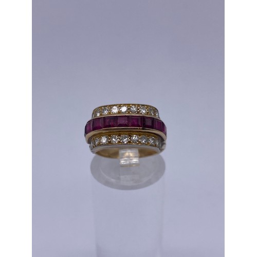 559 - 9CT GOLD RUBY AND DIAMOND CHANNEL SET RING 4.8G APPROX