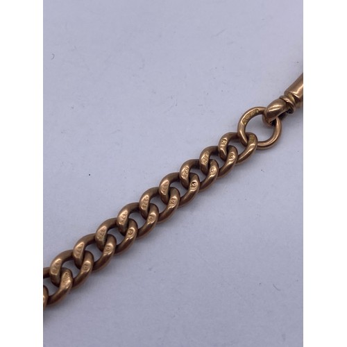 534 - 9CT ROSE GOLD ALBERT CHAIN WITH T BAR AND 9CT GOLD CROSS 26.5G APPROX