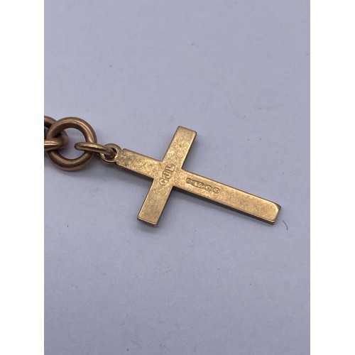 534 - 9CT ROSE GOLD ALBERT CHAIN WITH T BAR AND 9CT GOLD CROSS 26.5G APPROX