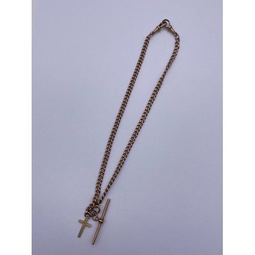 534 - 9CT ROSE GOLD ALBERT CHAIN WITH T BAR AND 9CT GOLD CROSS 26.5G APPROX