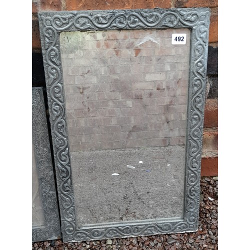 492 - TWO PEWTER FRAMED ARTS AND CRAFTS STYLE MIRRORS