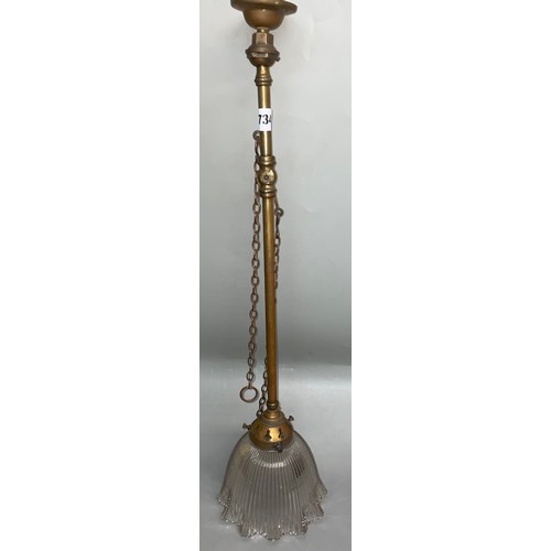 734 - BRASS HANGING CEILING LIGHT WITH RIBBED CRIMPED SHADE