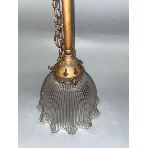 734 - BRASS HANGING CEILING LIGHT WITH RIBBED CRIMPED SHADE