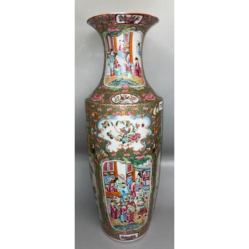 732 - CANTONESE FAMILLE ROSE ROULEAU VASE  PAINTED WITH PANELS OF FIGURES AND EXOTIC BIRDS