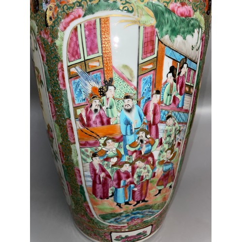 732 - CANTONESE FAMILLE ROSE ROULEAU VASE  PAINTED WITH PANELS OF FIGURES AND EXOTIC BIRDS