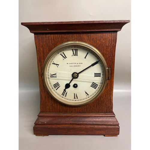 731 - OAK CASED MANTLE CLOCK W CARTE R AND SONS SALISBURY