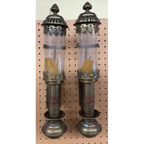 691 - PAIR OF GWR BRASS AND COPPER CANDLE LANTERNS