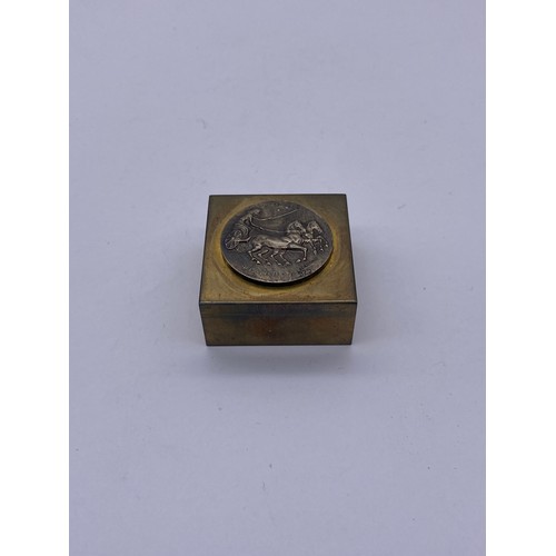 609 - BOXED LALAoUNIS 925 COIN SQUARE BLOCK BRASS PAPERWEIGHT