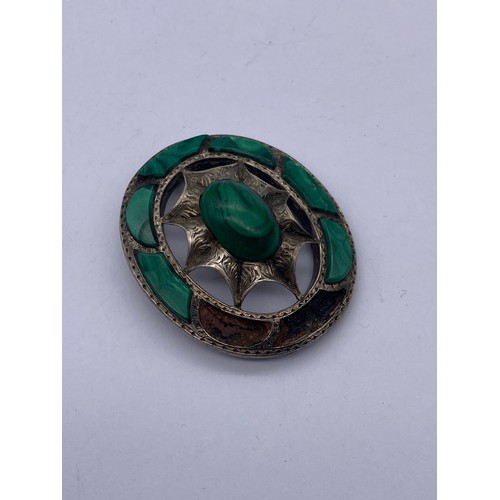 631 - SELECTION OF CELTIC STONE SET BROOCHES, SILVER MOUNTED MOSS AGATE ARTS AND CRAFTS BROOCH, BUCKLE RIN... 