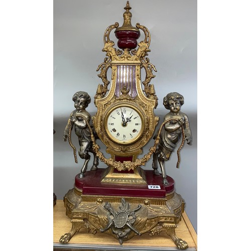 728 - 20TH CENTURY REPRODUCTION IMPERIAL FRENCH STYLE LYRE AND SATYR GILT METAL CLOCK