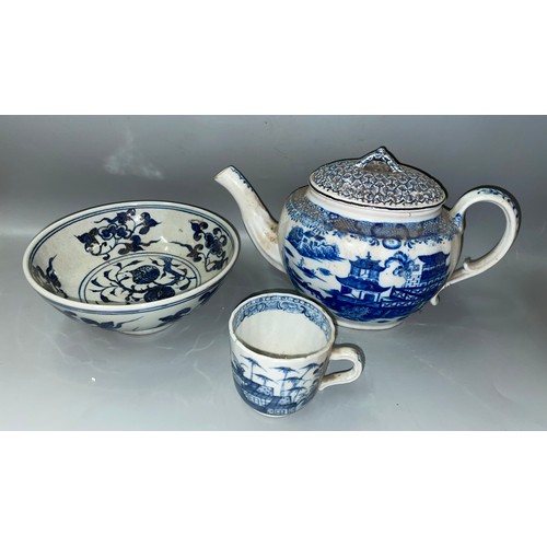 359 - CHINESE BLUE AND WHITE POTTERY BOWL, TEA CUP AND A BLUE AND WHITE TEA POT WITH MATCHED LID