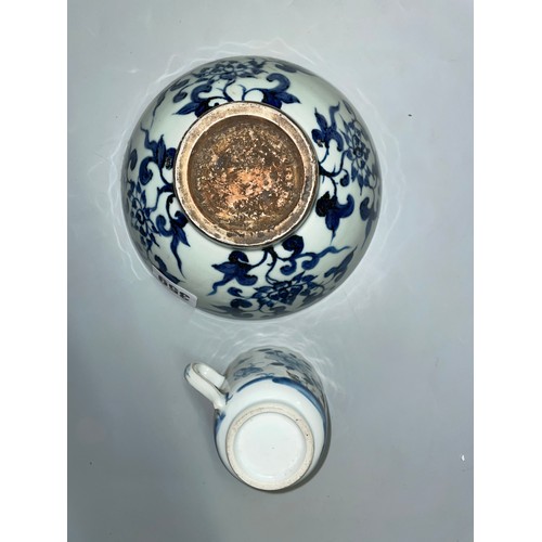 359 - CHINESE BLUE AND WHITE POTTERY BOWL, TEA CUP AND A BLUE AND WHITE TEA POT WITH MATCHED LID