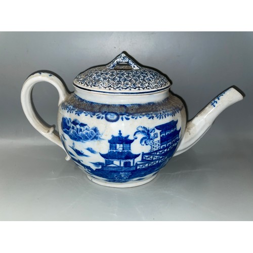 359 - CHINESE BLUE AND WHITE POTTERY BOWL, TEA CUP AND A BLUE AND WHITE TEA POT WITH MATCHED LID