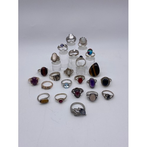 627 - SILVER WHITE METAL POLISHED CABOCHON SEMI PRECIOUS STONE SET DRESS RINGS IN VARIOUS STYLES