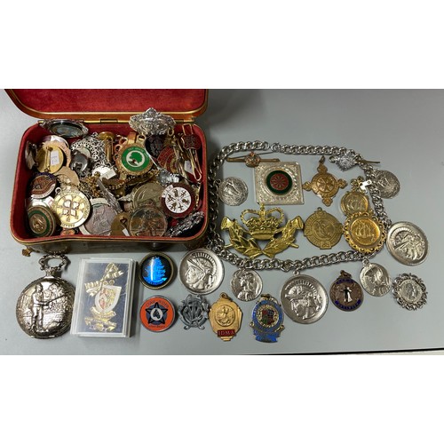 606 - GOOD BOX OF VARIOUS MEDALLIONS, ENAMEL LAPEL BADGES