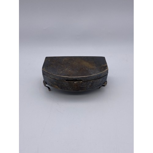 653 - SILVER BOW FRONTED TRINKET BOX RAISED ON CLAW FEET (ONE LEG A/F)