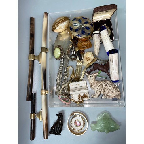 699 - TRAY OF MISCELLANEOUS ITEMS INCLUDING SHELL BOX, TRINKET BOX, GOLD PLATED BANGLES, DRESS WATCHES