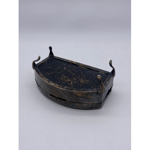 653 - SILVER BOW FRONTED TRINKET BOX RAISED ON CLAW FEET (ONE LEG A/F)