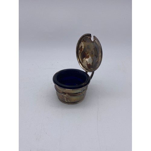 657 - BIRMINGHAM SILVER GIRDLED THREE PIECE CONDIMENT SET WITH BLUE GLASS LINER 3.6OZ OVERALL APPROX