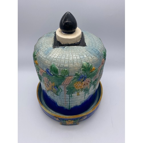 354 - MAJOLICA GLAZED STILTON DOME AND COVER