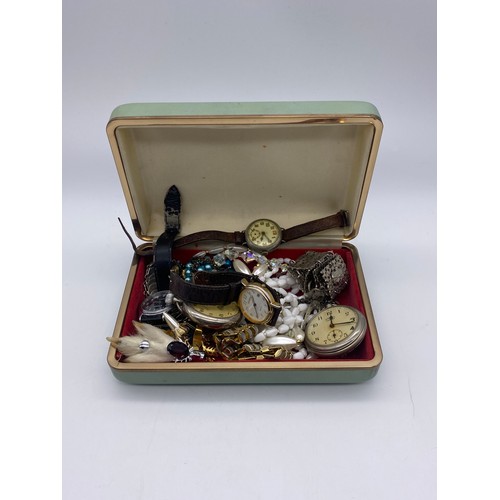 632 - SELECTION OF COSTUME JEWELLERY INC. FACE PANEL BRACELET, TALON BROOCH AND VARIOUS VINTAGE WRISTWATCH... 