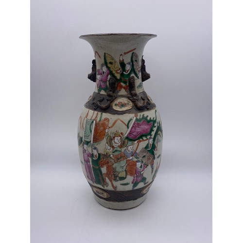 668 - PAIR OF CHINESE CRACKLE GLAZED BALUSTER VASES PAINTED WITH WARRIORS AND APPLIED LIZARDS